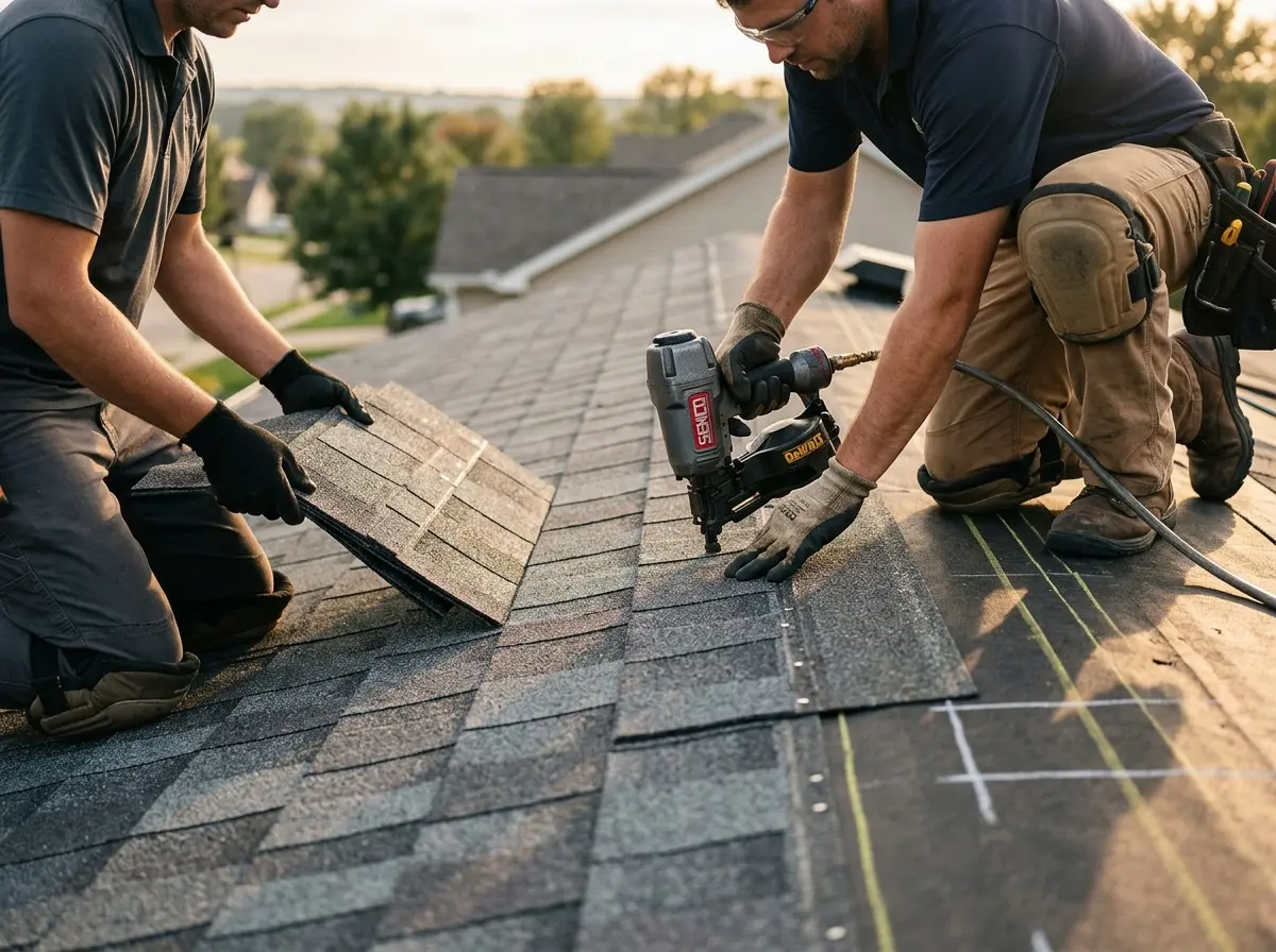 Professional roofer working on a residential roof in Galt
